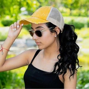 NWOT C.C Ponytail Criss-Cross Distressed Baseball Cap - Mustard/Khaki